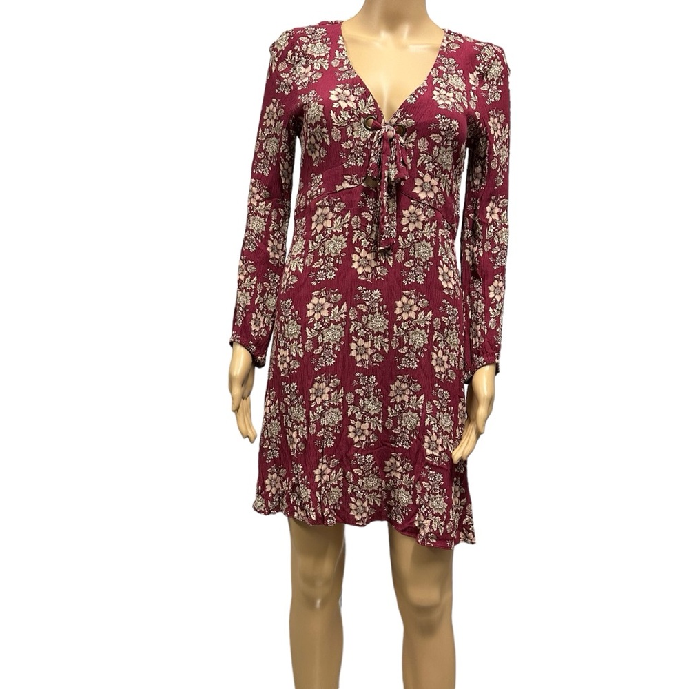 American Eagle Burgundy Floral Keyhole Tie Front Side Zip Dress Womens Small